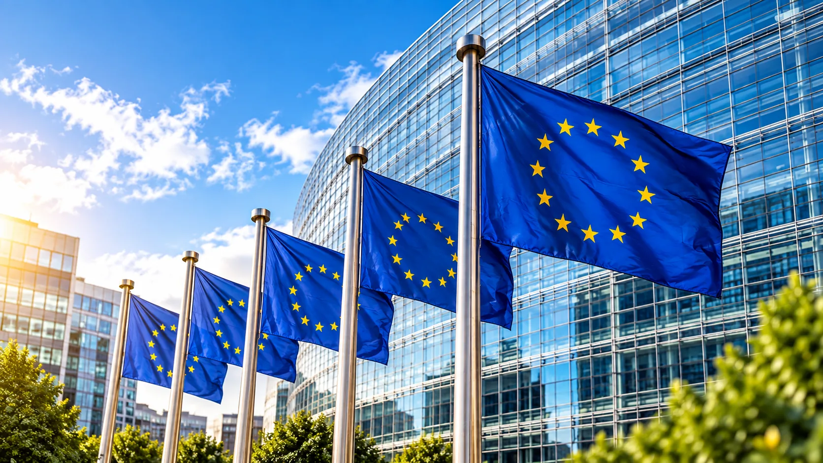 Drapeaux de l’Union européenne devant un bâtiment institutionnel
